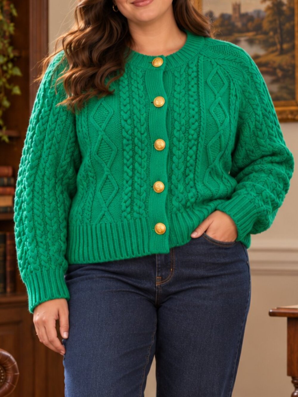 J.Crew Cable Knit Lambswool Cardigan Emerald Green Gold Buttons XL
